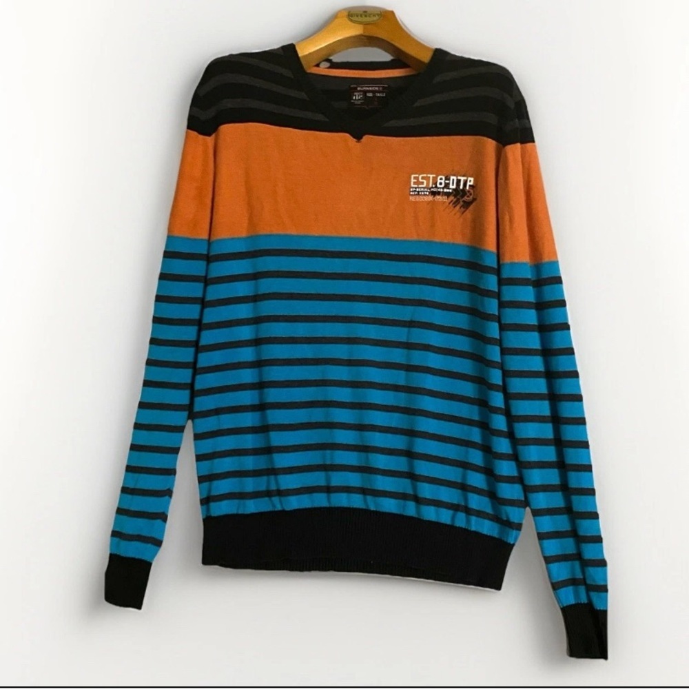 Burnside Sweater Men’s Sz L Orange Black‎ Blue Casual Outdoors Striped Knit